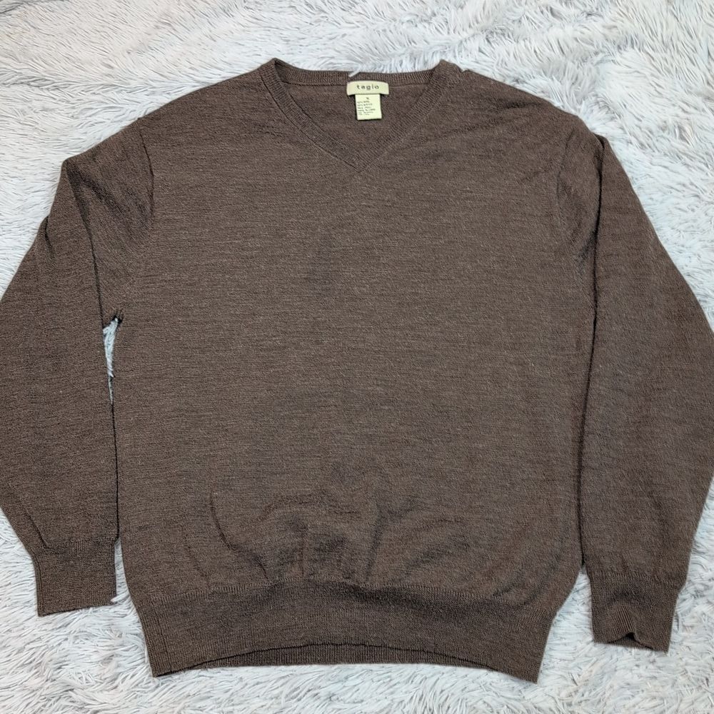 Tagio Sweater‎ Mens Brown XL Wool Blend Preppy Comfort V Neck Career Lightweight